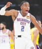 Oklahoma City Thunder guard Shai Gilgeous-Alexander (2) celebrates after a three-point basket in the fourth quarter against the Los Angeles Lakers at Staples Center. (Jayne Kamin-Oncea-USA TODAY Sports)