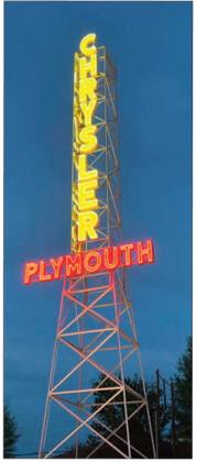 Resplendent in the late afternoon sun, the Chrysler Tower’s west-facing side in Bristow, Oklahoma, features both the CHRYSLER and PLYMOUTH names. courtesy photo