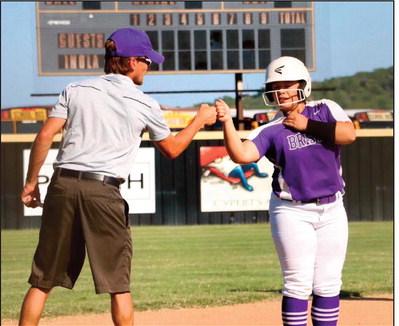 Albaney Pritchard and Hannah celebrate a triple.