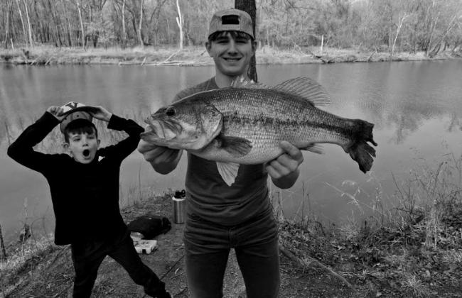 While white bass fishing in a tributary of Hudson Lake, Keegan (15) caught his largest LMB at 9 lbs. Sawyer (8) caught several nice white bass and hybrids.