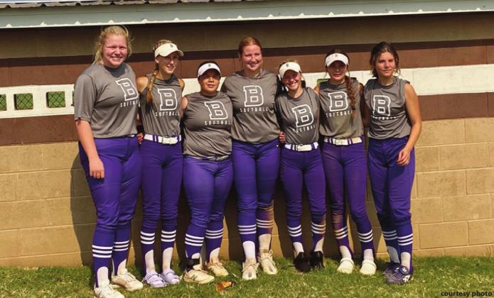 These Lady Pirates have played ball together since they were eight and nine years old. Still playing together in high school is Jaci Shelton, Molly Gill, Albaney Pitchard, Dustie Barnes, Graycie Gramm, Kinzie Williams and Lacy Moody. courtesy photo