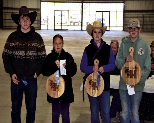 Grand Champion Dutch Oven Cooks. The Cook off was held Saturday Nov. 12 at the Creek County Fairgrounds. The kids are from the Creek County Horse Club. The top two teams are qualifiers for District contest in June, Left to right is Rope Jones, Jecien Wallace, Harley Vaughan, andTrapper Cato. courtesy photo